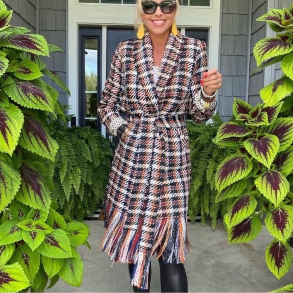 Cabi 3901 Regency Coat Autumn palette featuring handmade fringe/polka dot lined